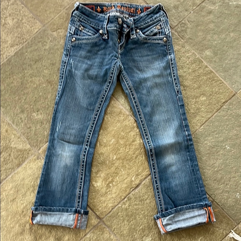 Rock Revival Blue Ankle Cropped Jeans with Distressed Look